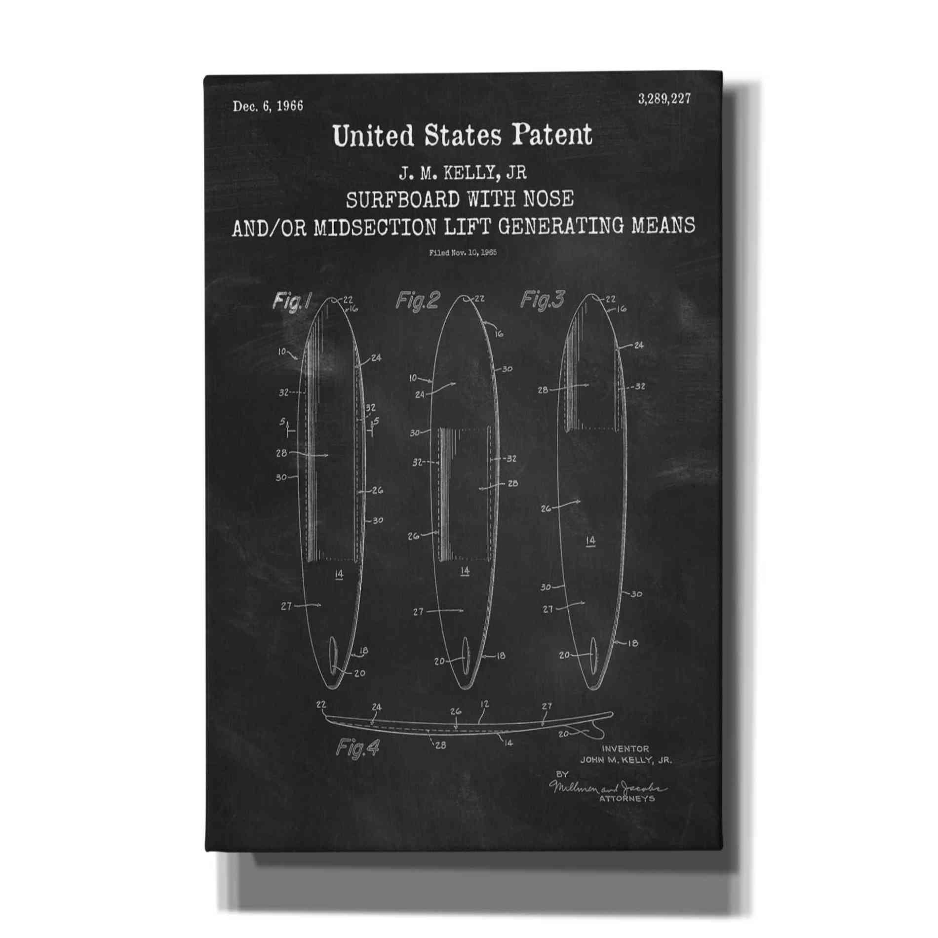 'Surfboard with nose Blueprint Patent Chalkboard,' Canvas Wall Art