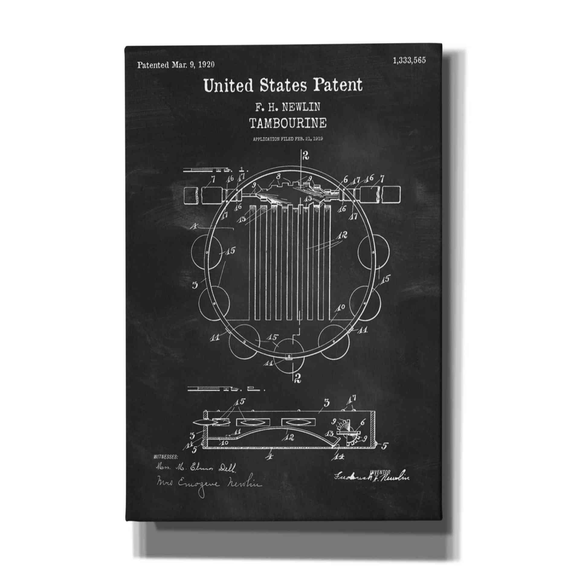 'Tambourine Blueprint Patent Chalkboard,' Canvas Wall Art