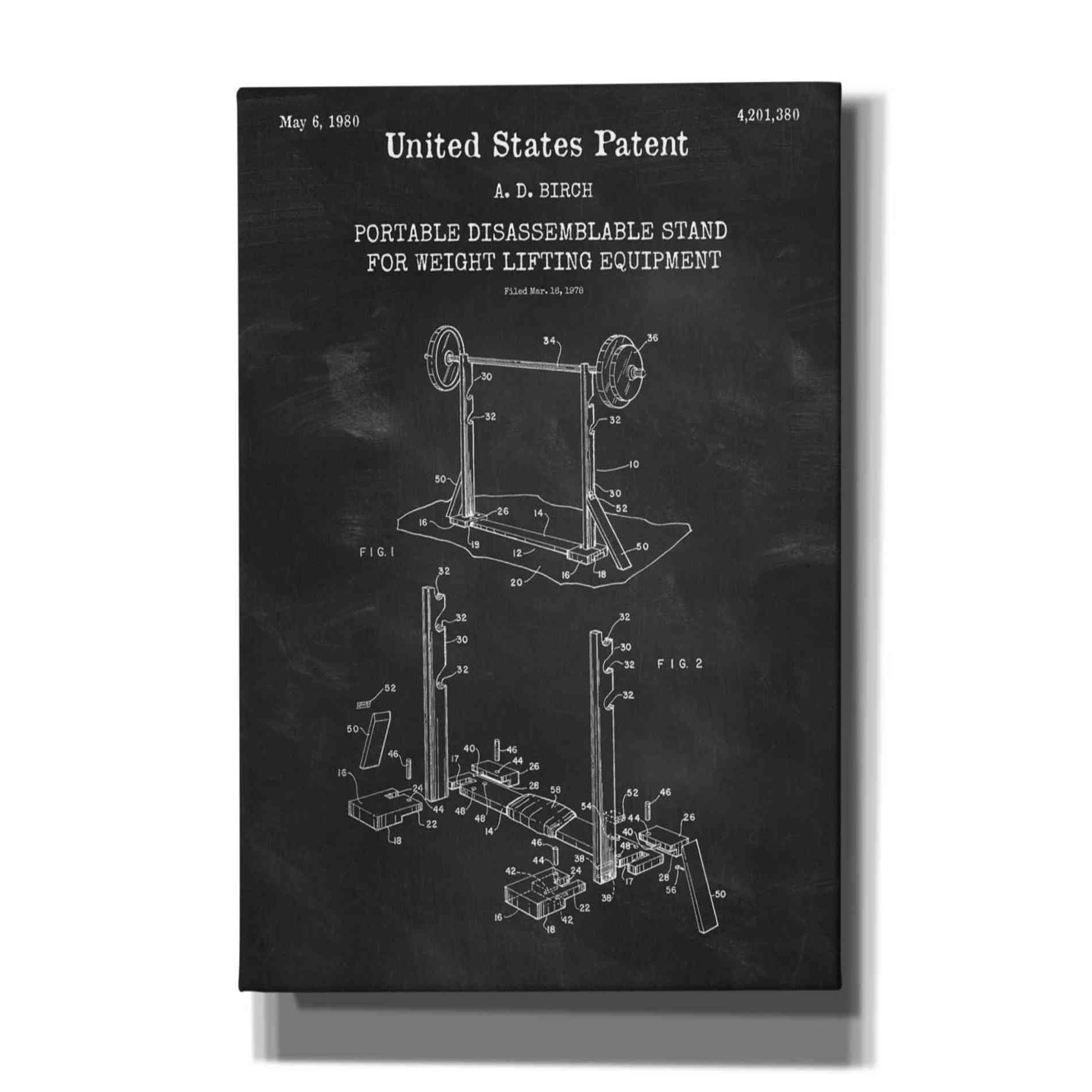 'Weight Lifting Equipment Blueprint Patent Chalkboard,' Canvas Wall Art