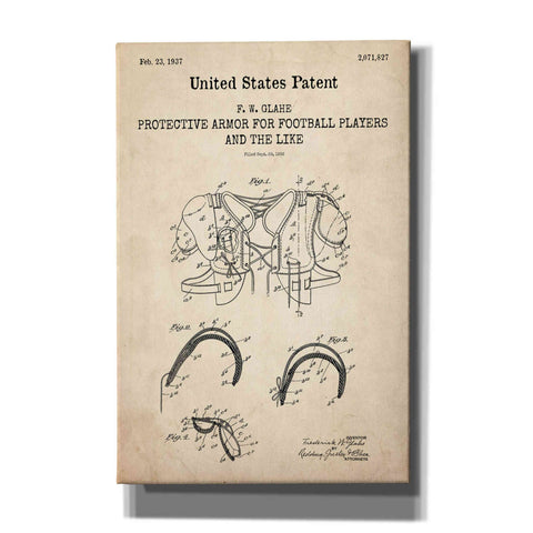 Image of 'Protective Armor for Football Blueprint Patent Parchment,' Canvas Wall Art