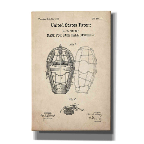 Image of 'Baseball Catchers Mask Blueprint Patent Parchment,' Canvas Wall Art