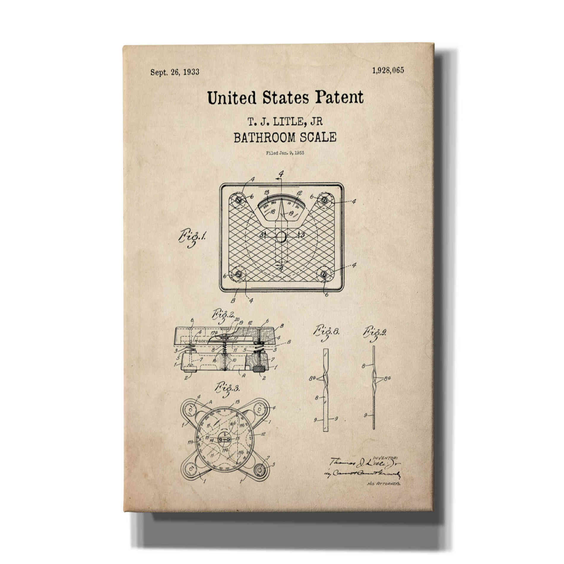 'Bathroom Scale Blueprint Patent Parchment,' Canvas Wall Art