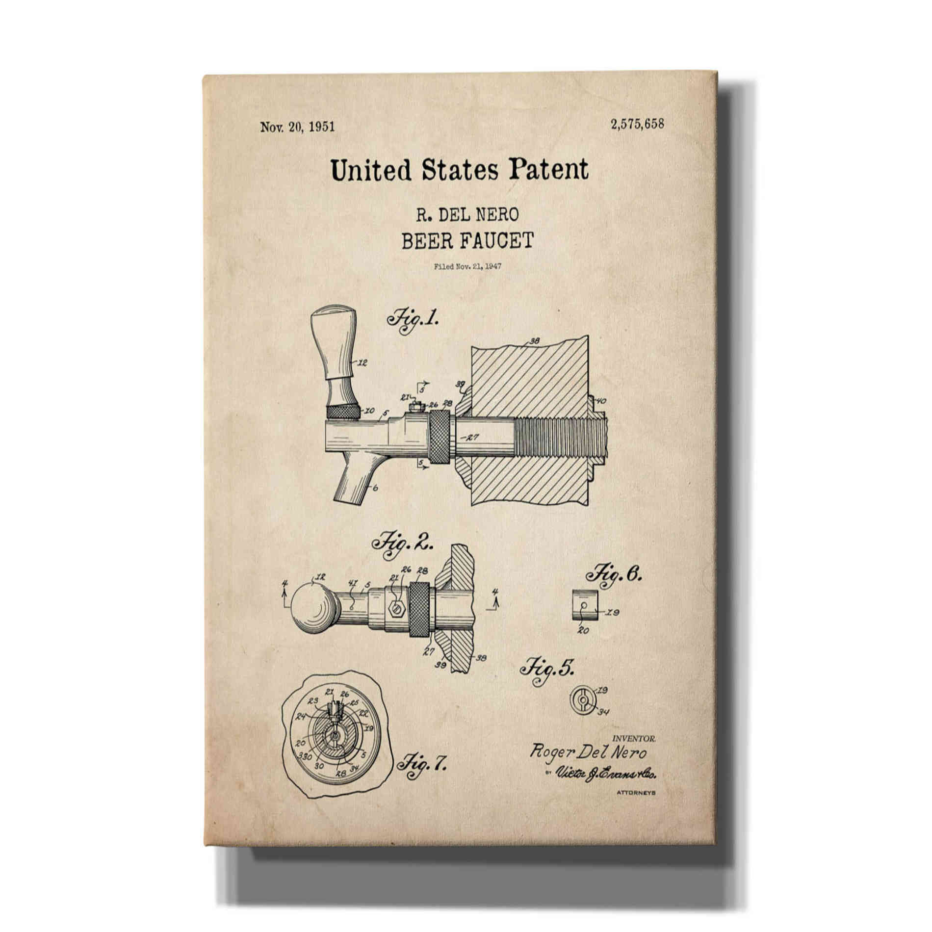 'Beer Faucet Blueprint Patent Parchment,' Canvas Wall Art