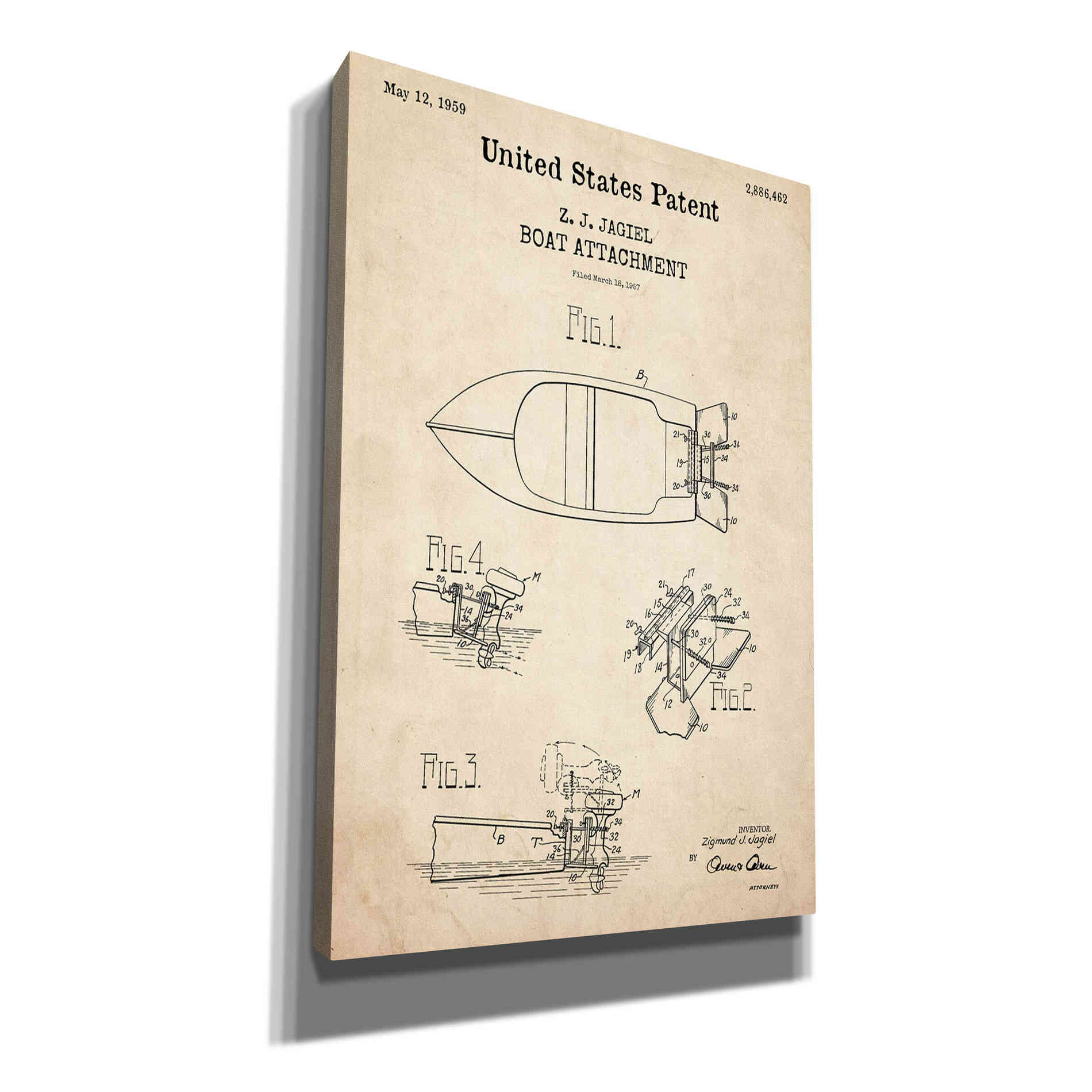 'Boat Attachment Blueprint Patent Parchment,' Canvas Wall Art