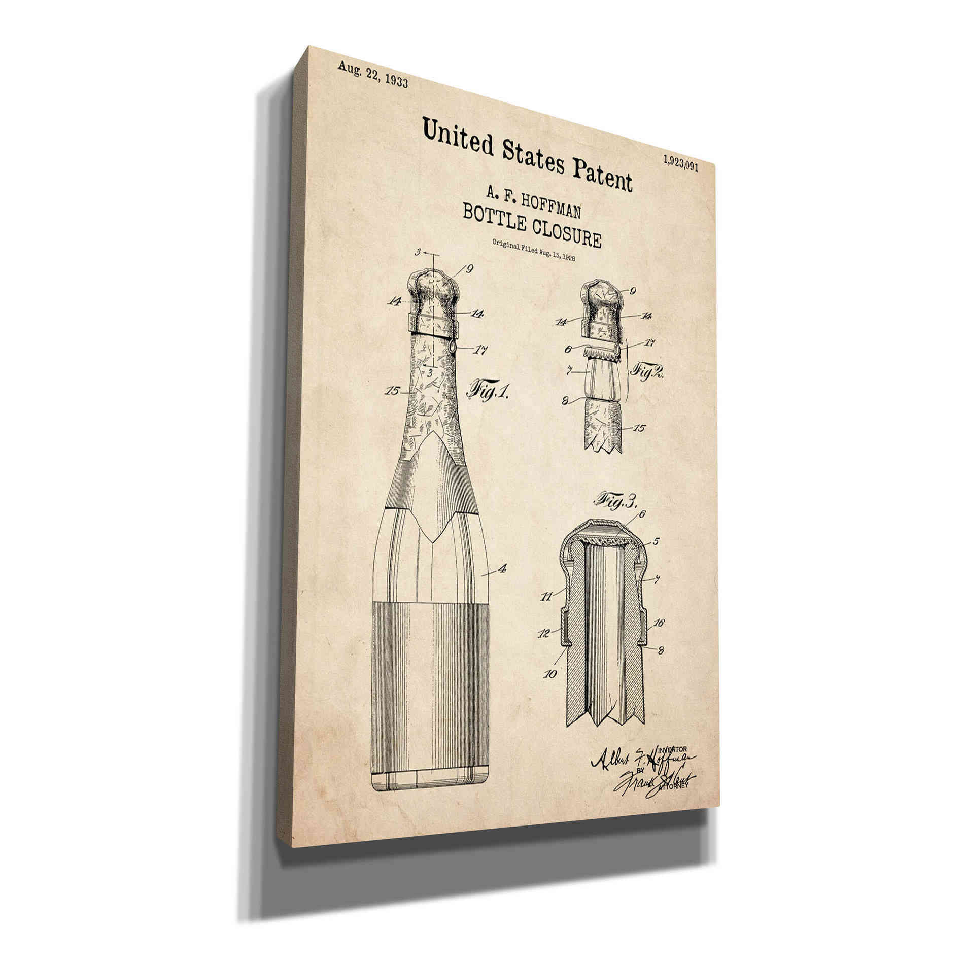 'Bottle Closure Blueprint Patent Parchment,' Canvas Wall Art