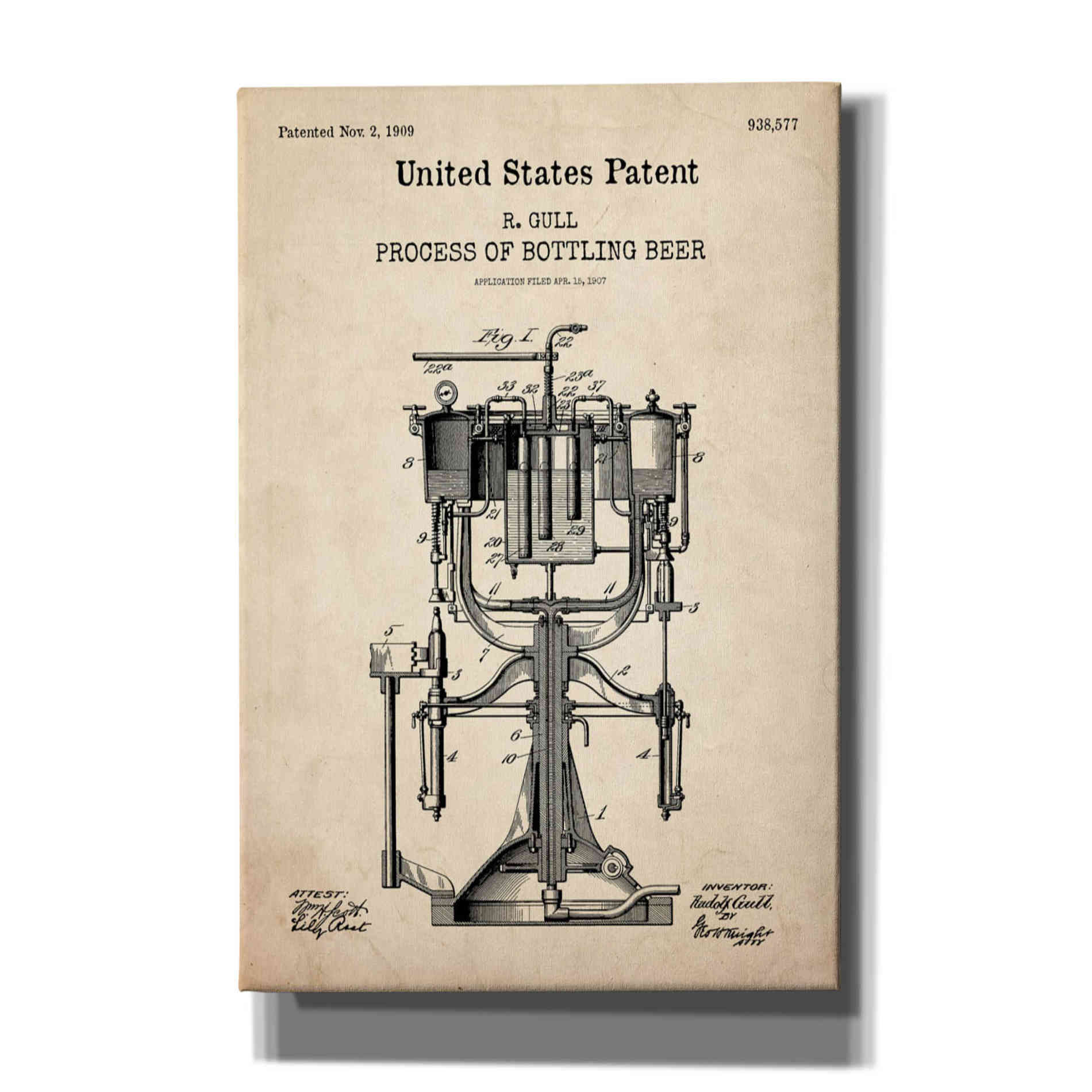 'Bottling Beer Machine Blueprint Patent Parchment,' Canvas Wall Art