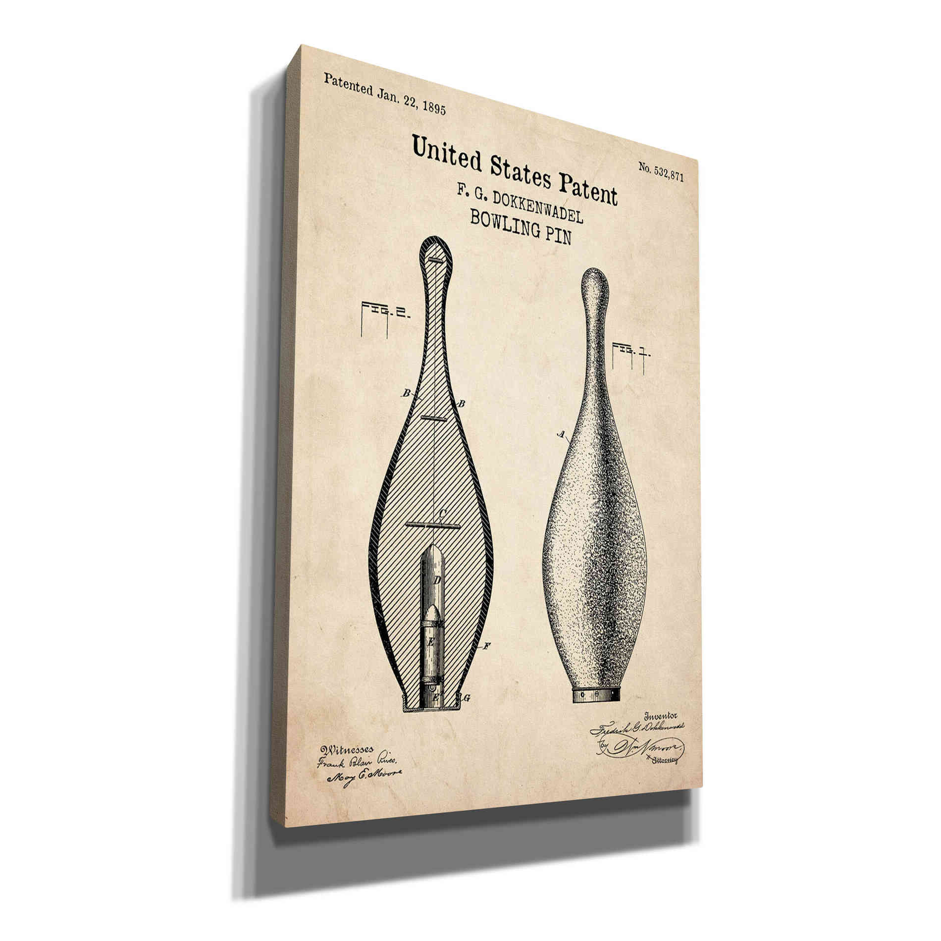 'Bowling Pin Blueprint Patent Parchment,' Canvas Wall Art