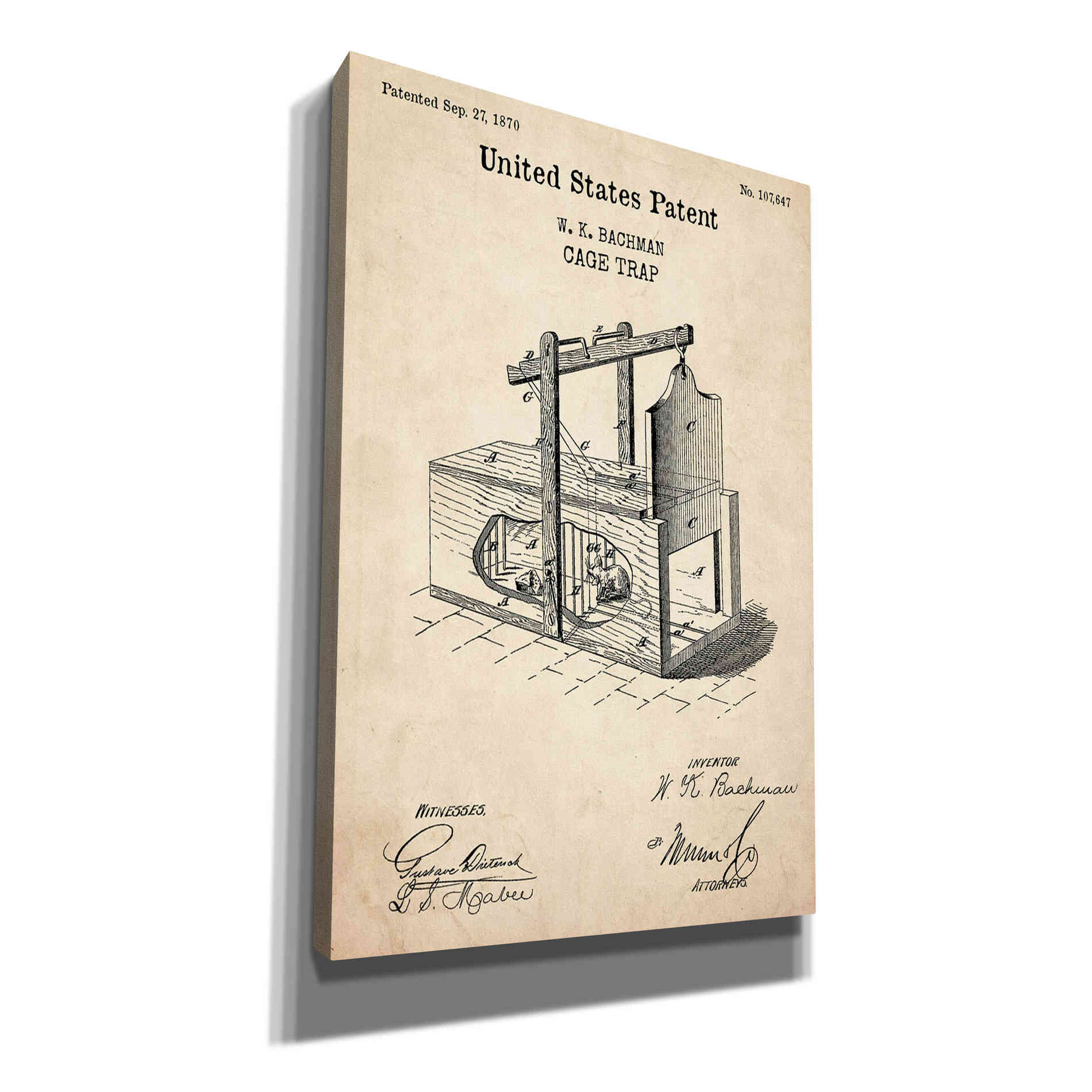 'Cage Trap Blueprint Patent Parchment,' Canvas Wall Art