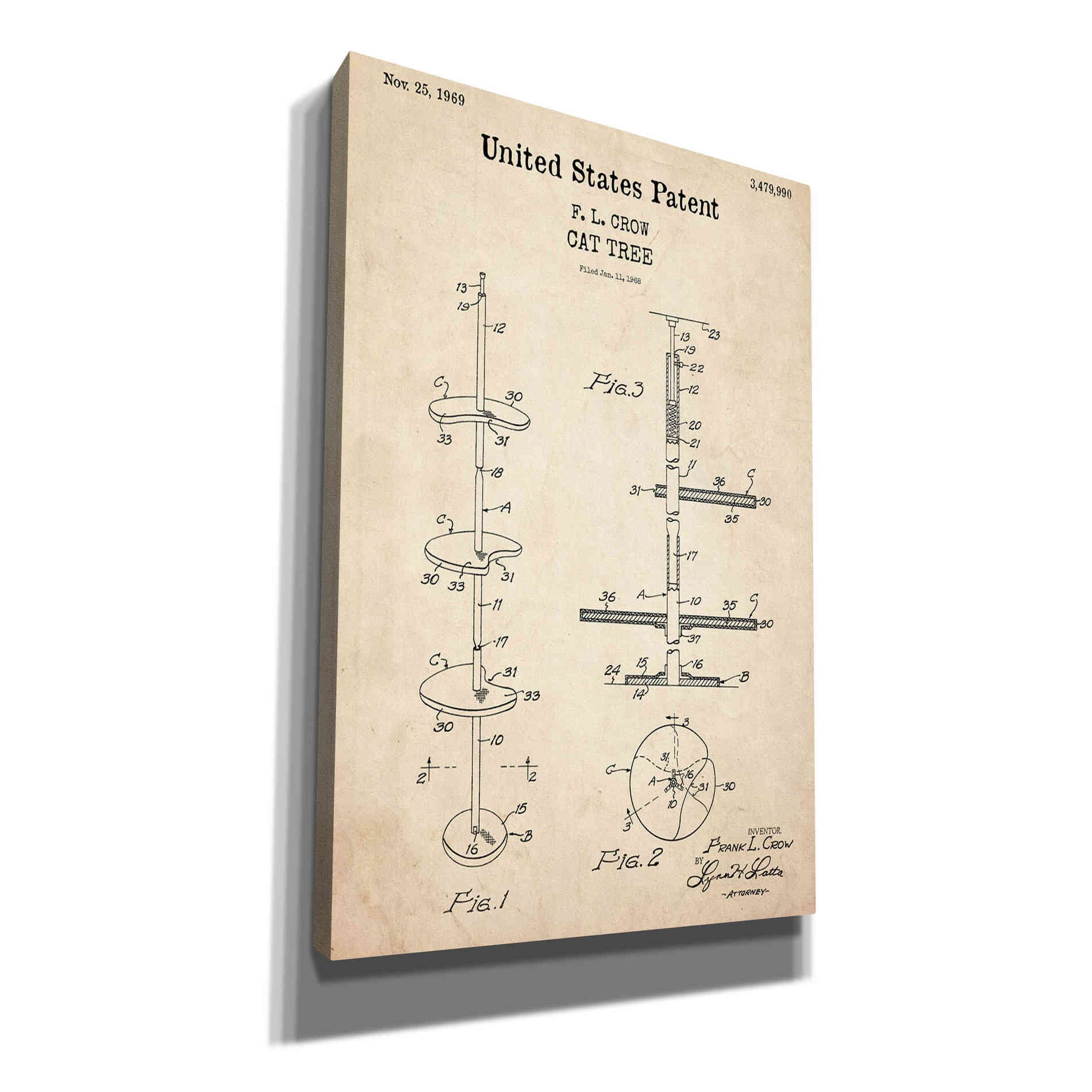 'Cat Tree Blueprint Patent Parchment,' Canvas Wall Art