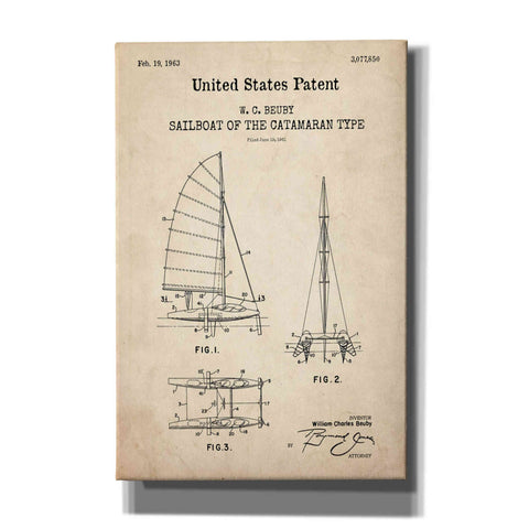 Image of 'Catamaran Sailboat Blueprint Patent Parchment,' Canvas Wall Art