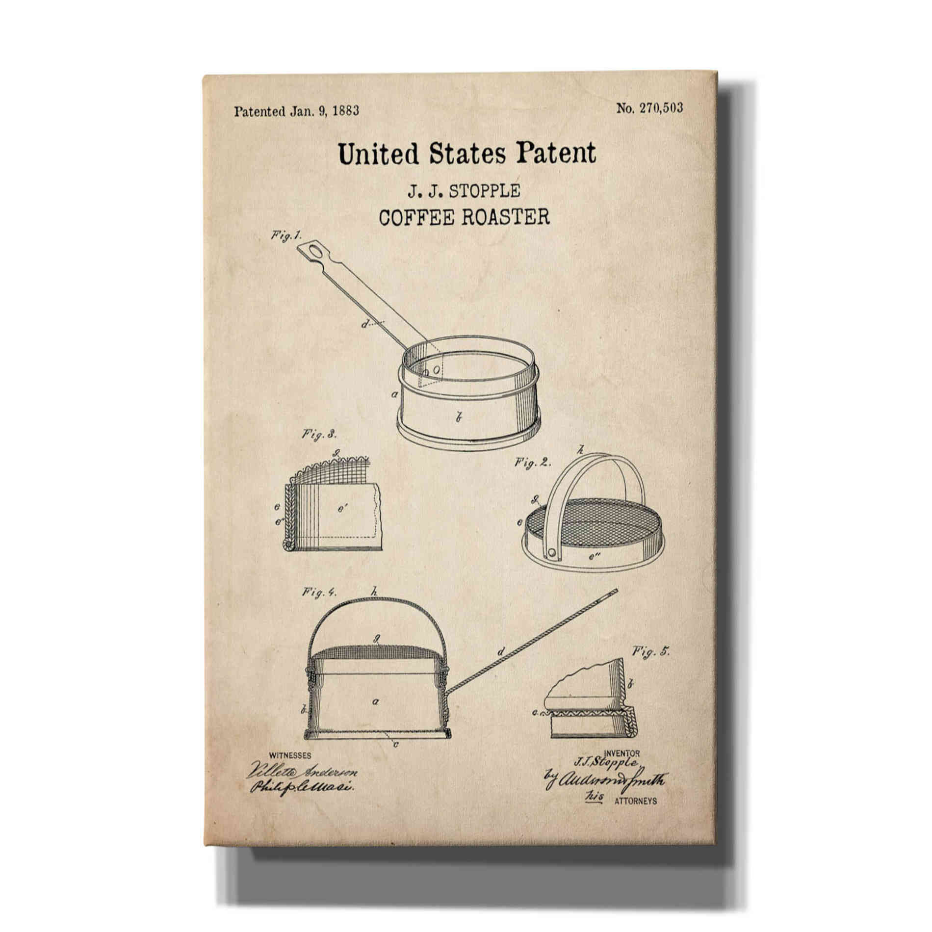 'Coffee Roaster Blueprint Patent Parchment,' Canvas Wall Art