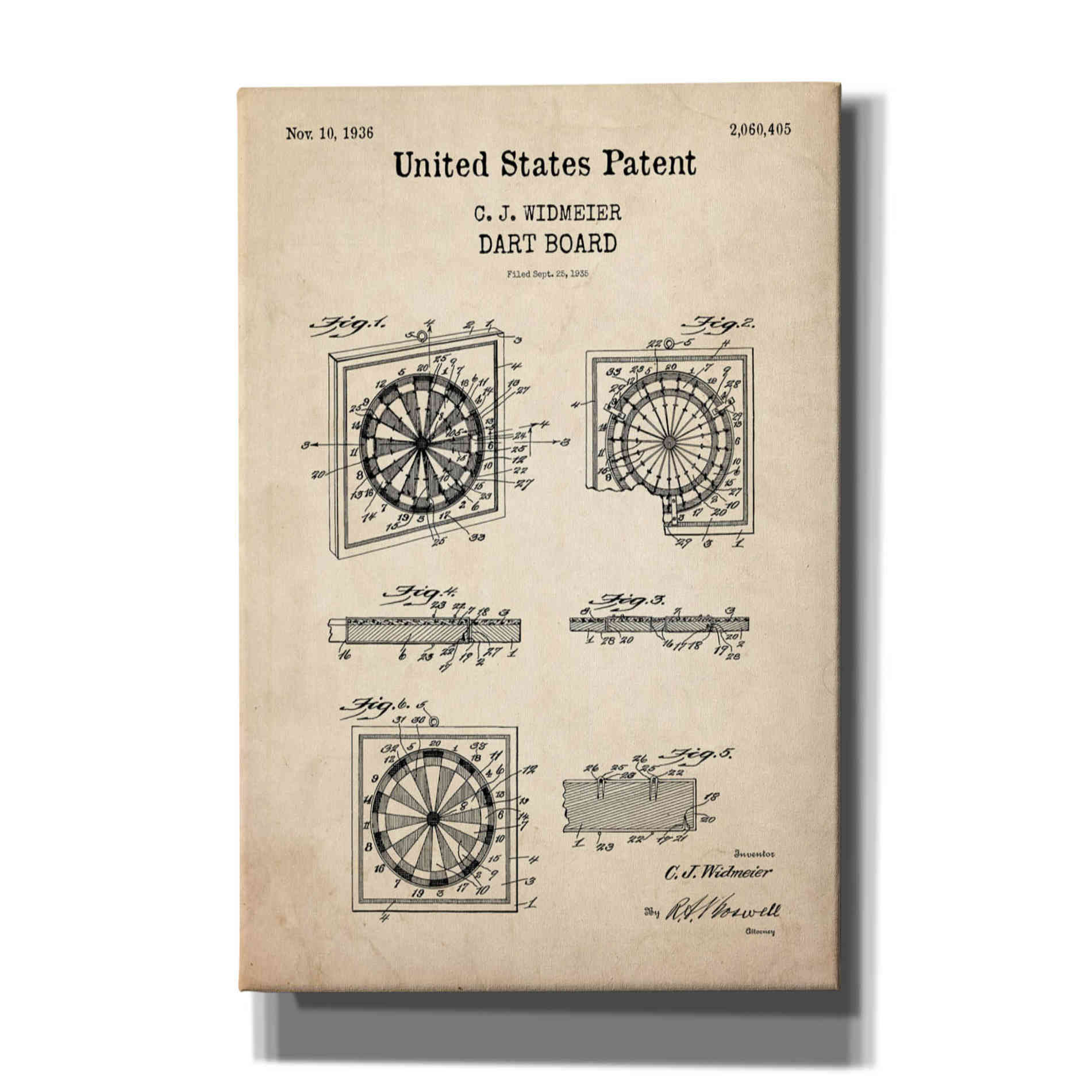'Dart Board Blueprint Patent Parchment,' Canvas Wall Art
