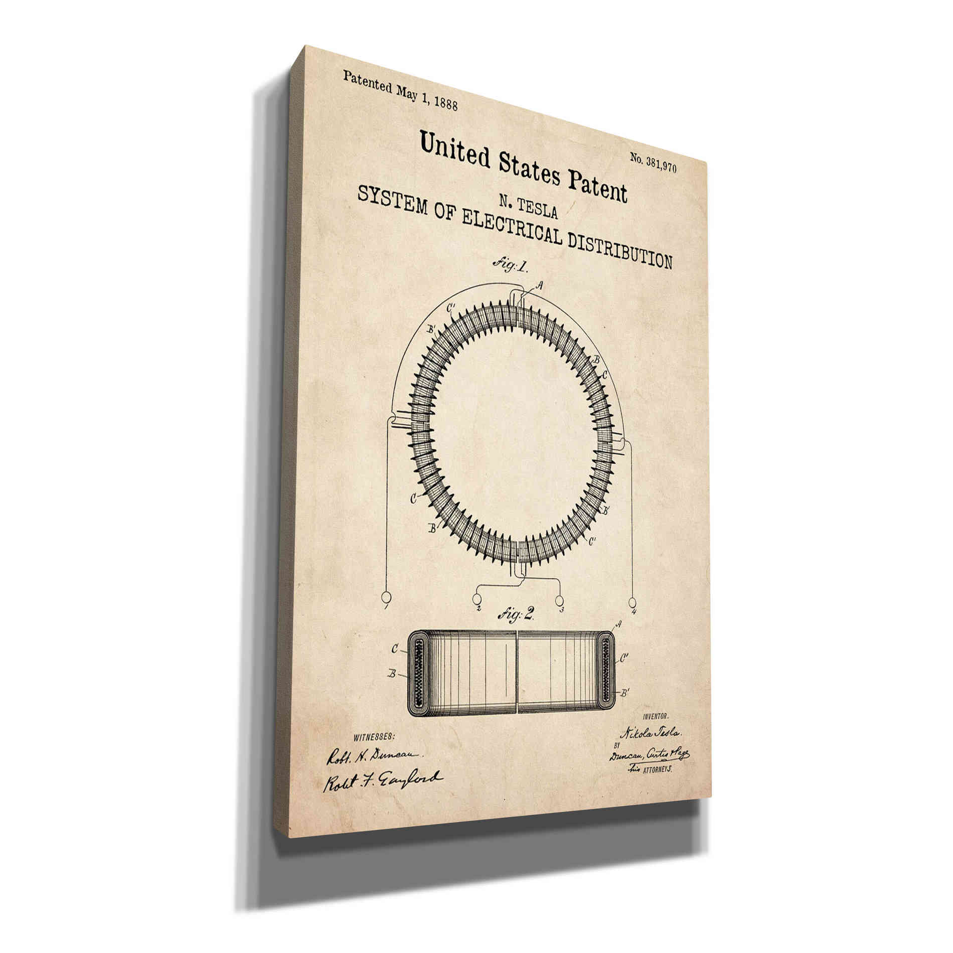 'Tesla's System of Electrical Distribution Blueprint Patent Parchment,' Canvas Wall Art