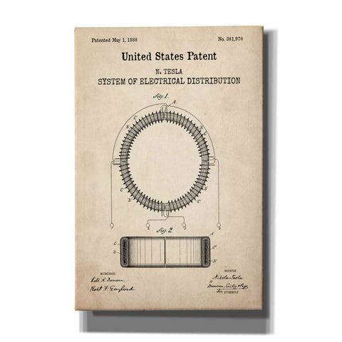 Image of 'Tesla's System of Electrical Distribution Blueprint Patent Parchment,' Canvas Wall Art