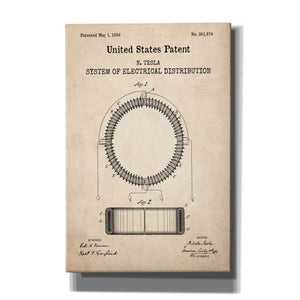 'Tesla's System of Electrical Distribution Blueprint Patent Parchment,' Canvas Wall Art