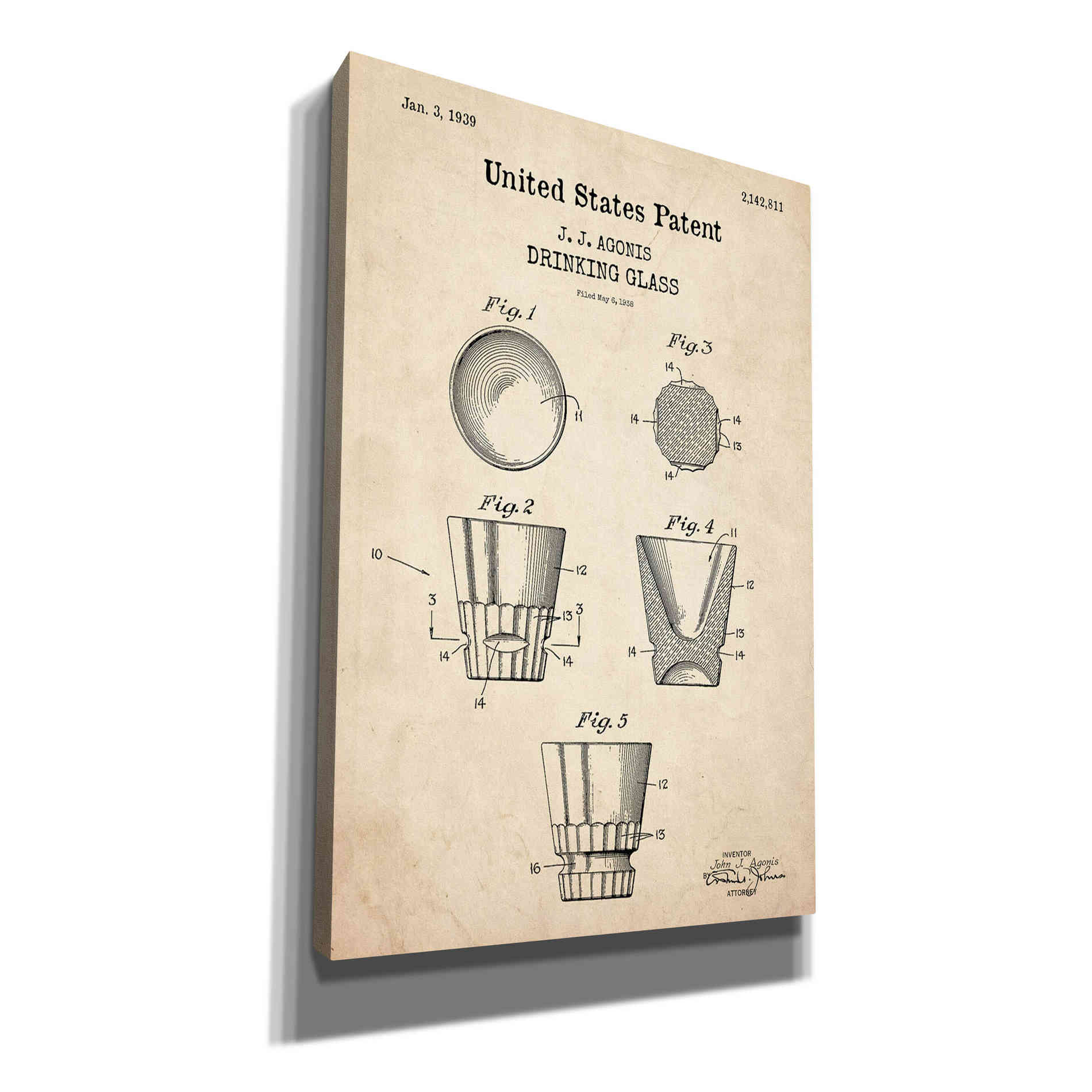 'Drinking Glass Blueprint Patent Parchment,' Canvas Wall Art