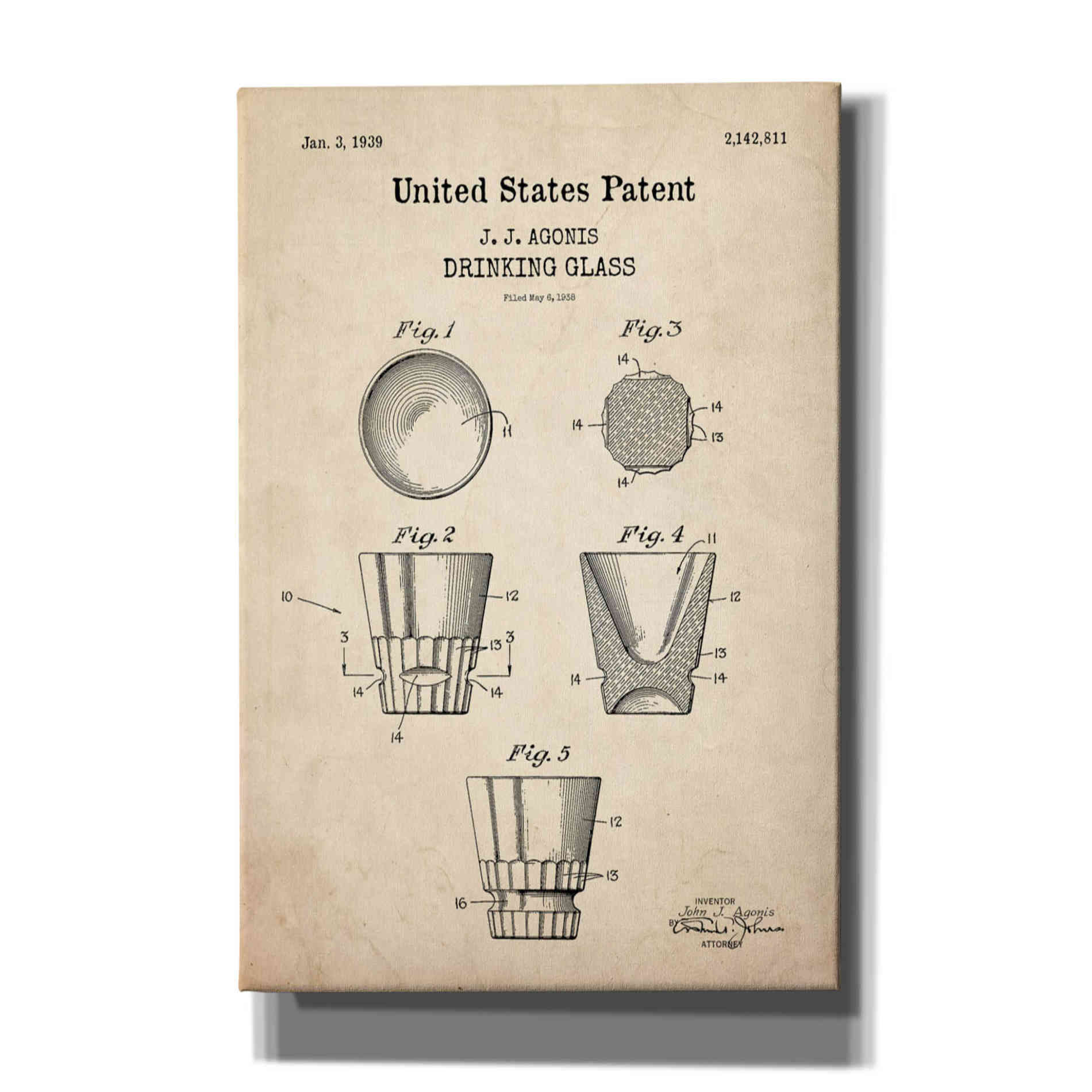 'Drinking Glass Blueprint Patent Parchment,' Canvas Wall Art