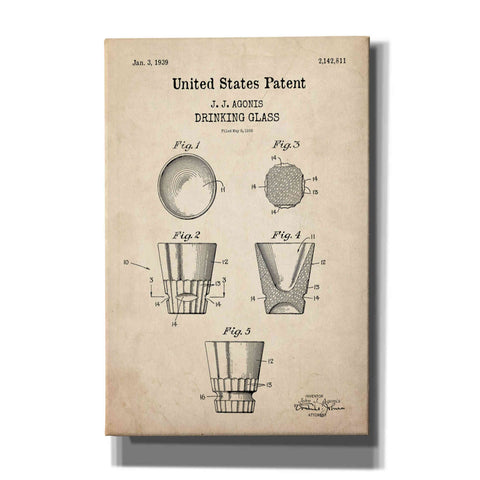 Image of 'Drinking Glass Blueprint Patent Parchment,' Canvas Wall Art