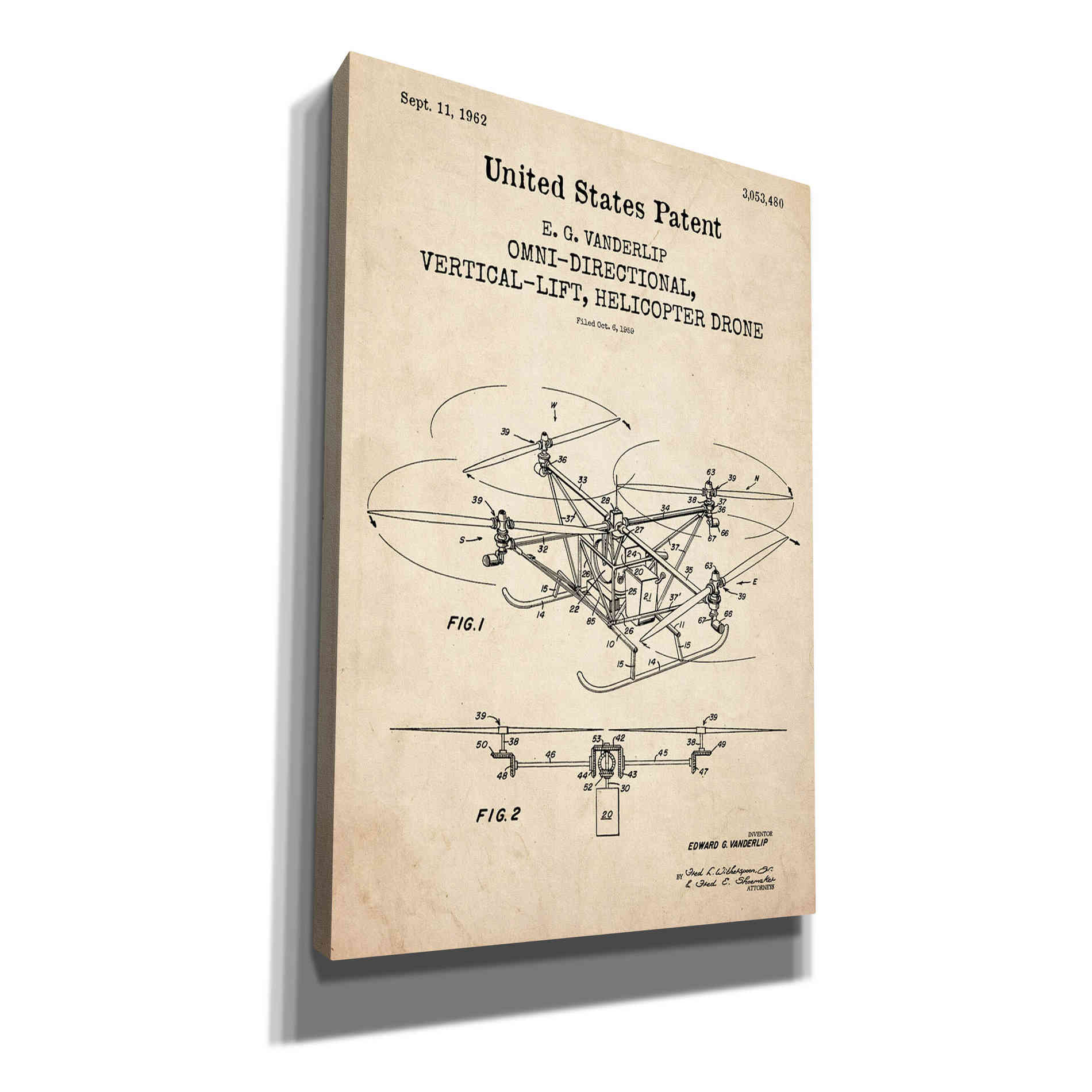 'Drone Blueprint Patent Parchment,' Canvas Wall Art