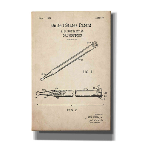 Image of 'Drumsticks, 1964 Blueprint Patent Parchment,' Canvas Wall Art