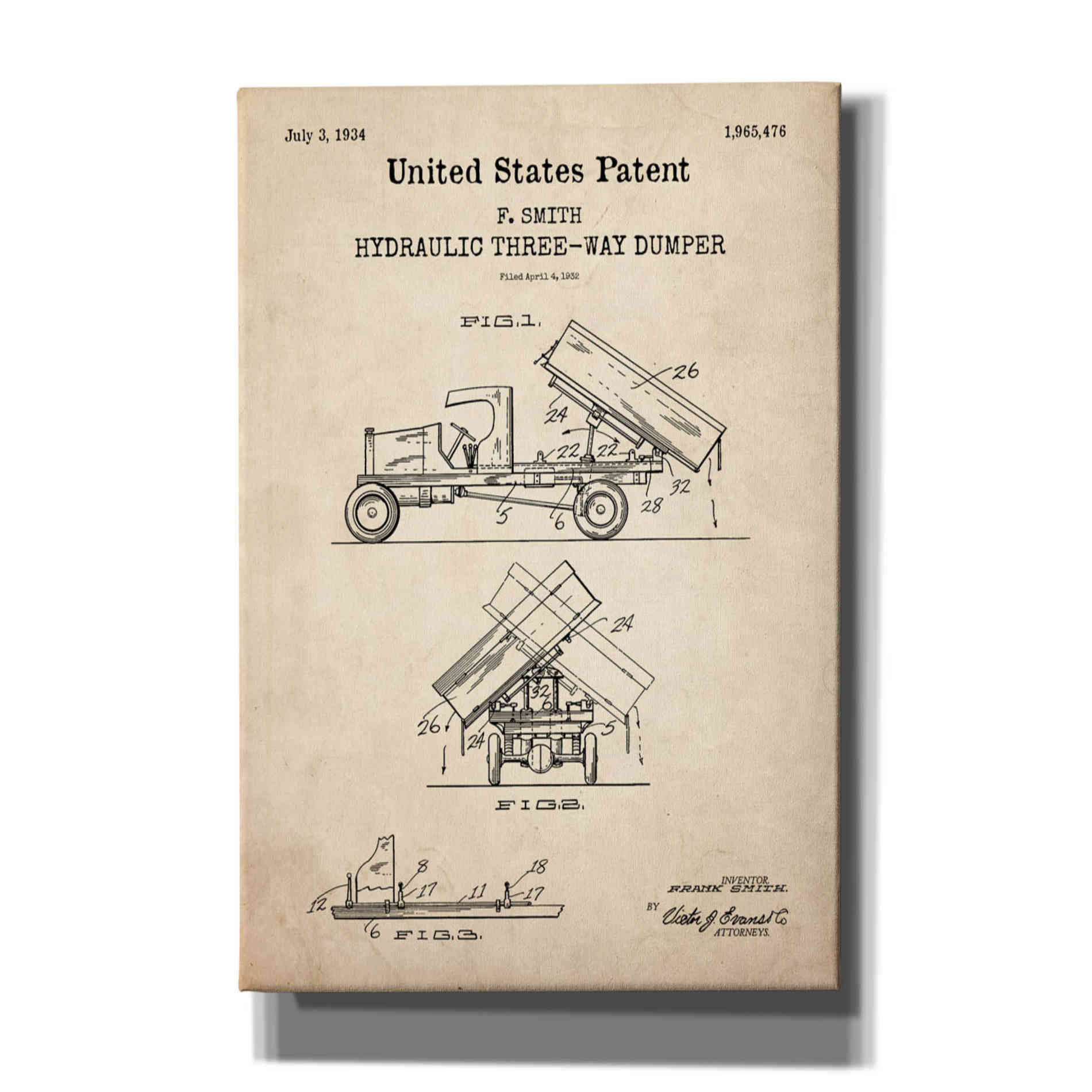 'Dump Truck Blueprint Patent Parchment,' Canvas Wall Art
