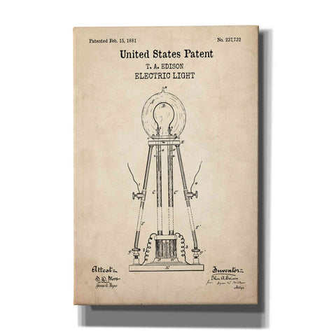 Image of 'Electric Light Blueprint Patent Parchment,' Canvas Wall Art