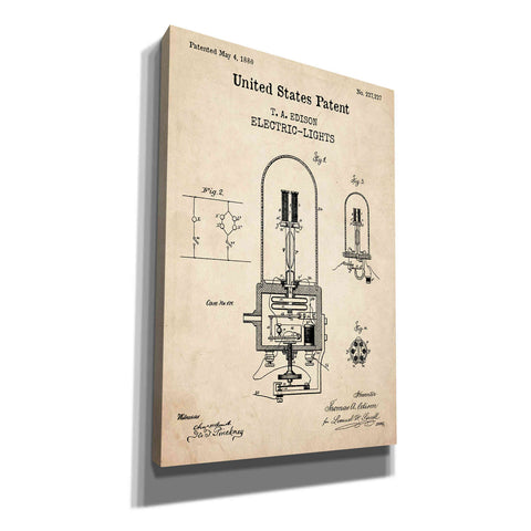 Image of 'Electric Lights Blueprint Patent Parchment,' Canvas Wall Art