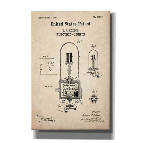 Image of 'Electric Lights Blueprint Patent Parchment,' Canvas Wall Art