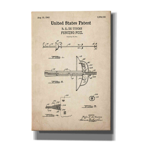 Image of 'Fencing Foil Blueprint Patent Parchment,' Canvas Wall Art