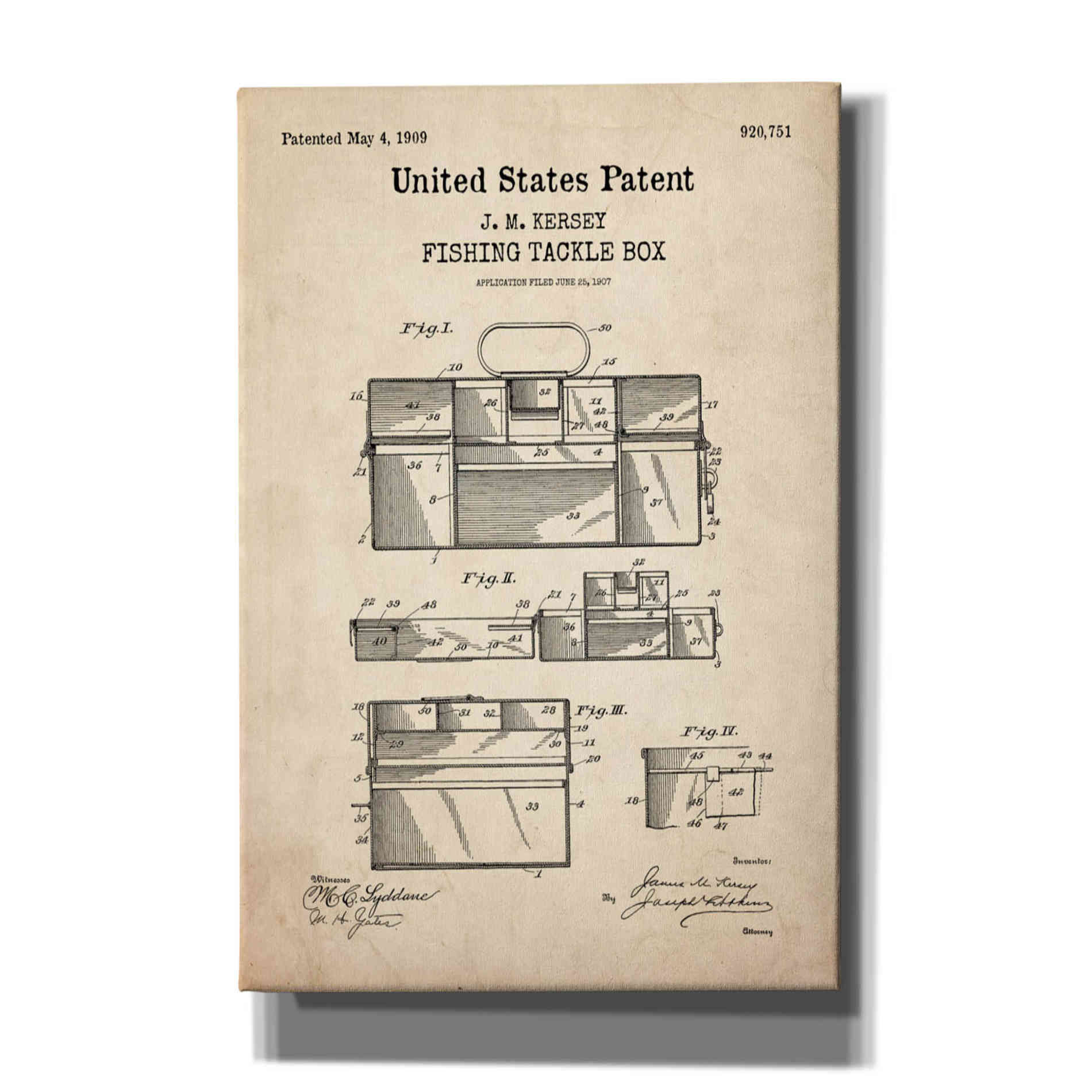 'Fishing Tackle Box Blueprint Patent Parchment,' Canvas Wall Art