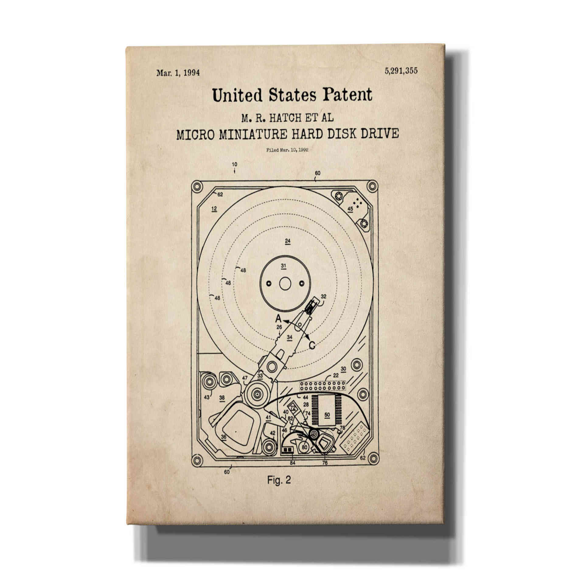 'Hard Disk Drive Blueprint Patent Parchment,' Canvas Wall Art