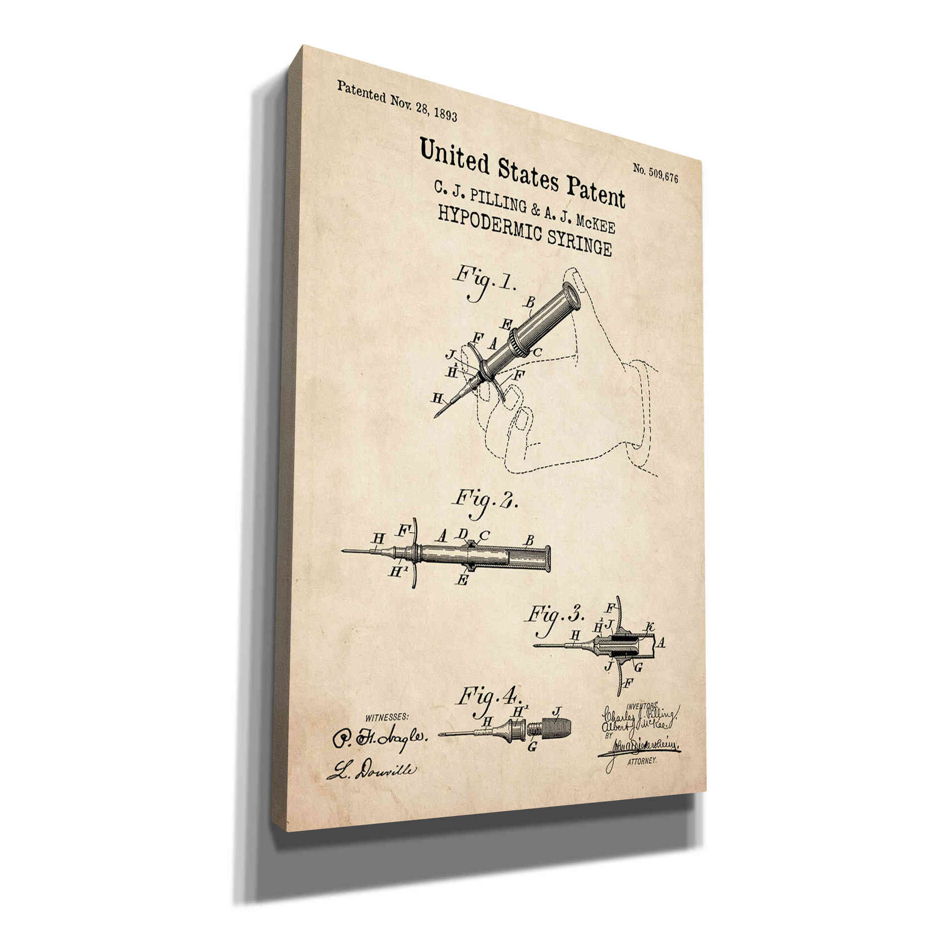 'Hypodermic Syringe Blueprint Patent Parchment,' Canvas Wall Art