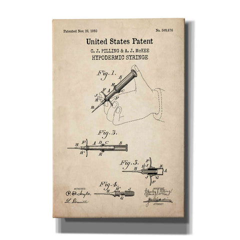 Image of 'Hypodermic Syringe Blueprint Patent Parchment,' Canvas Wall Art