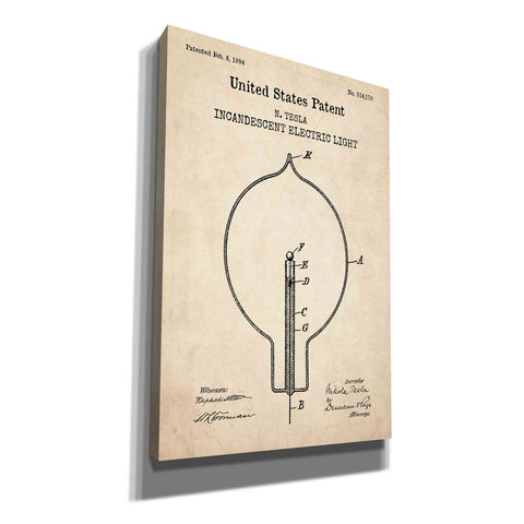 Image of 'Incandescent Lightbulb Blueprint Patent Parchment,' Canvas Wall Art