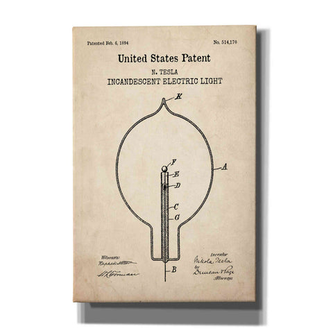 Image of 'Incandescent Lightbulb Blueprint Patent Parchment,' Canvas Wall Art