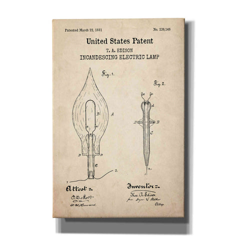 Image of 'Incandescent Lamp Blueprint Patent Parchment,' Canvas Wall Art