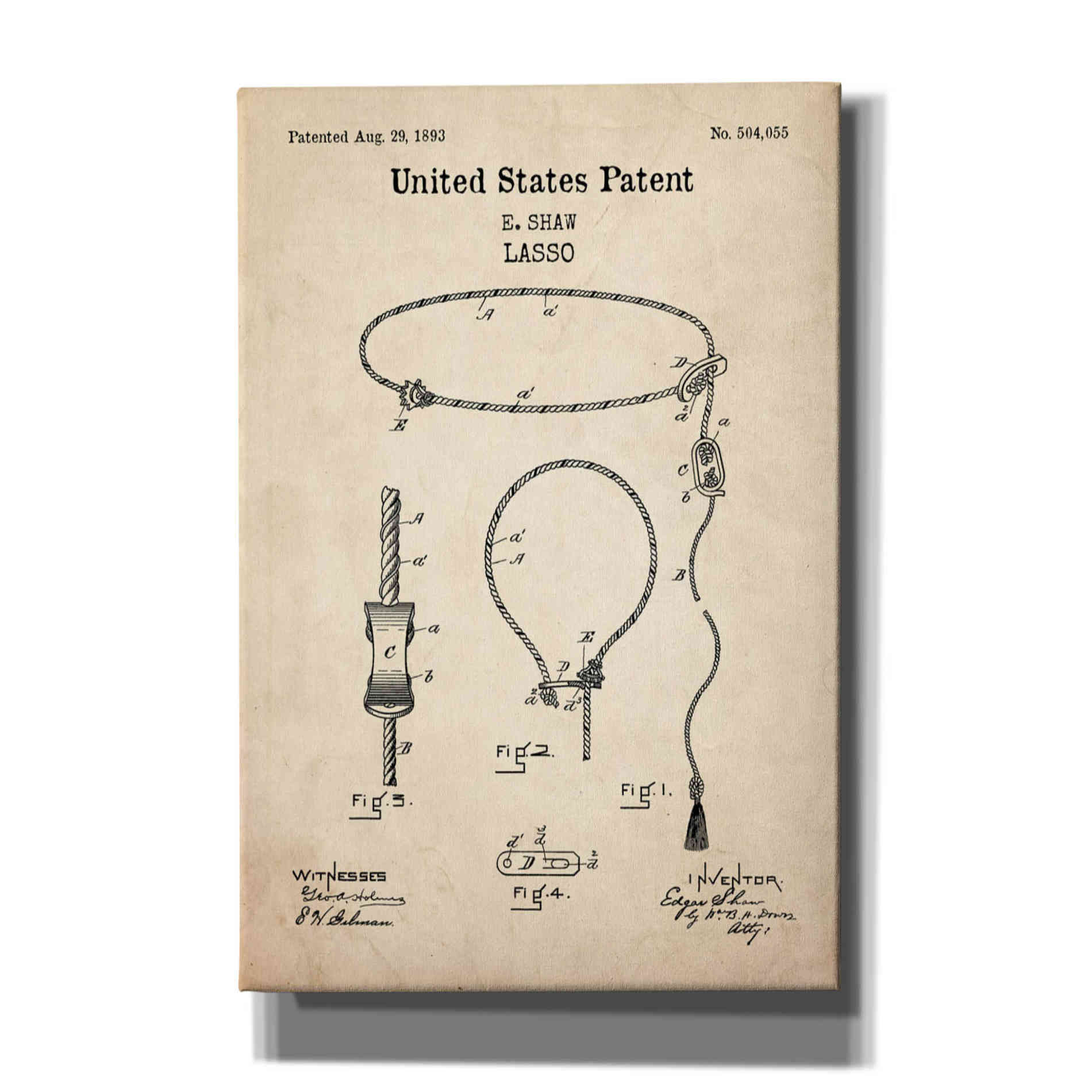 'Lasso Blueprint Patent Parchment,' Canvas Wall Art
