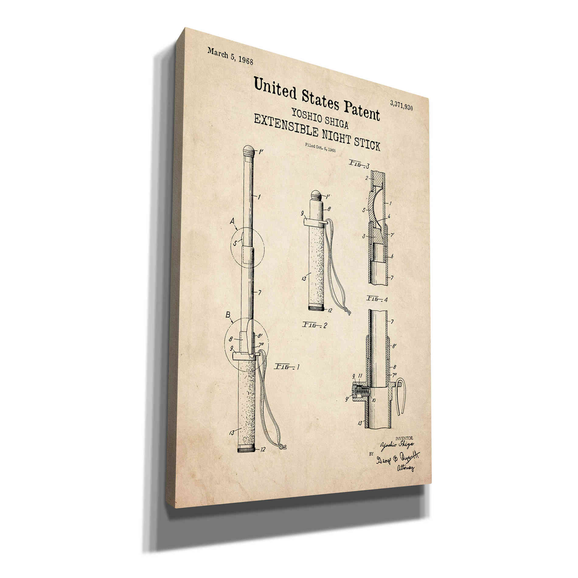 'Night Stick Blueprint Patent Parchment,' Canvas Wall Art