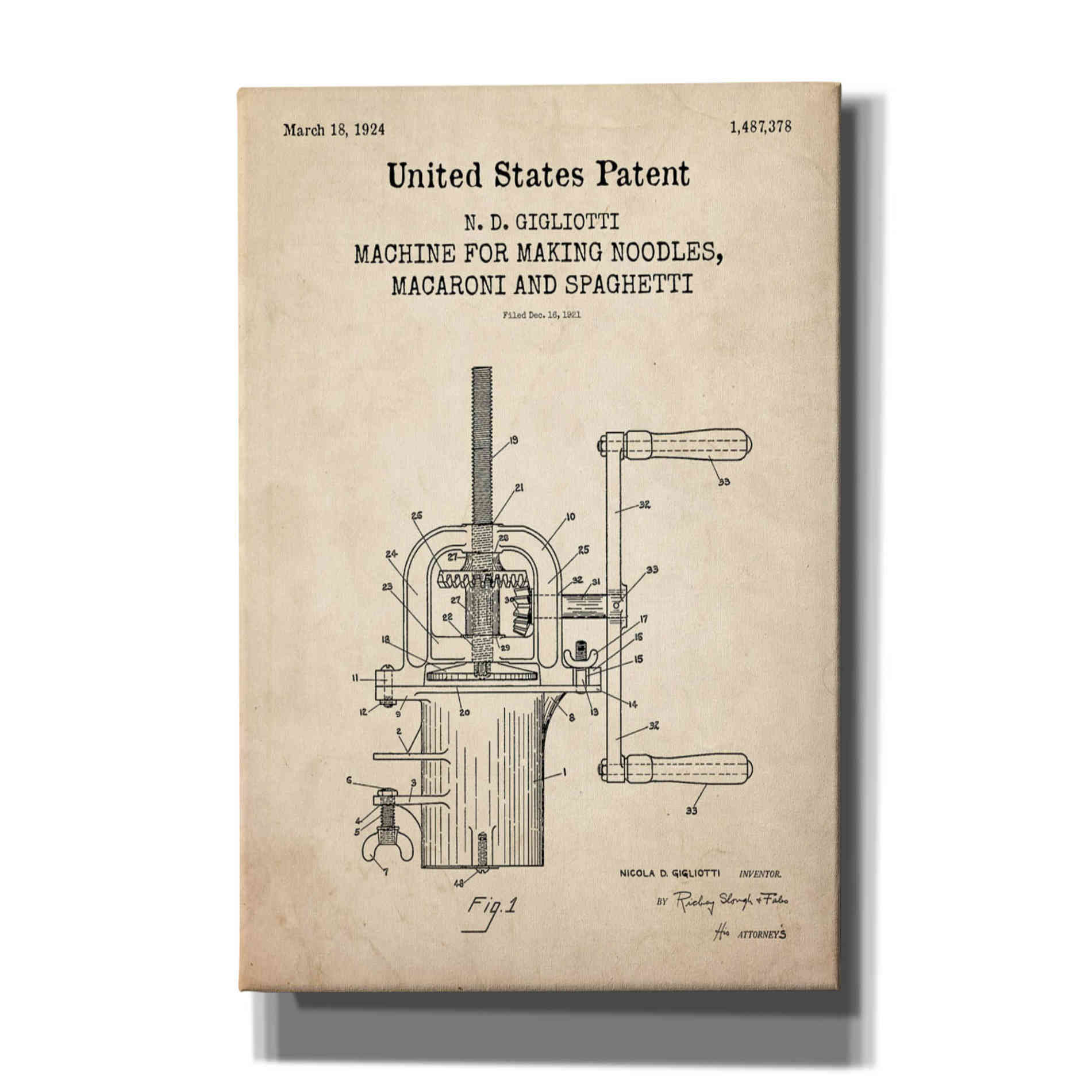 'Noodle Maker Blueprint Patent Parchment,' Canvas Wall Art