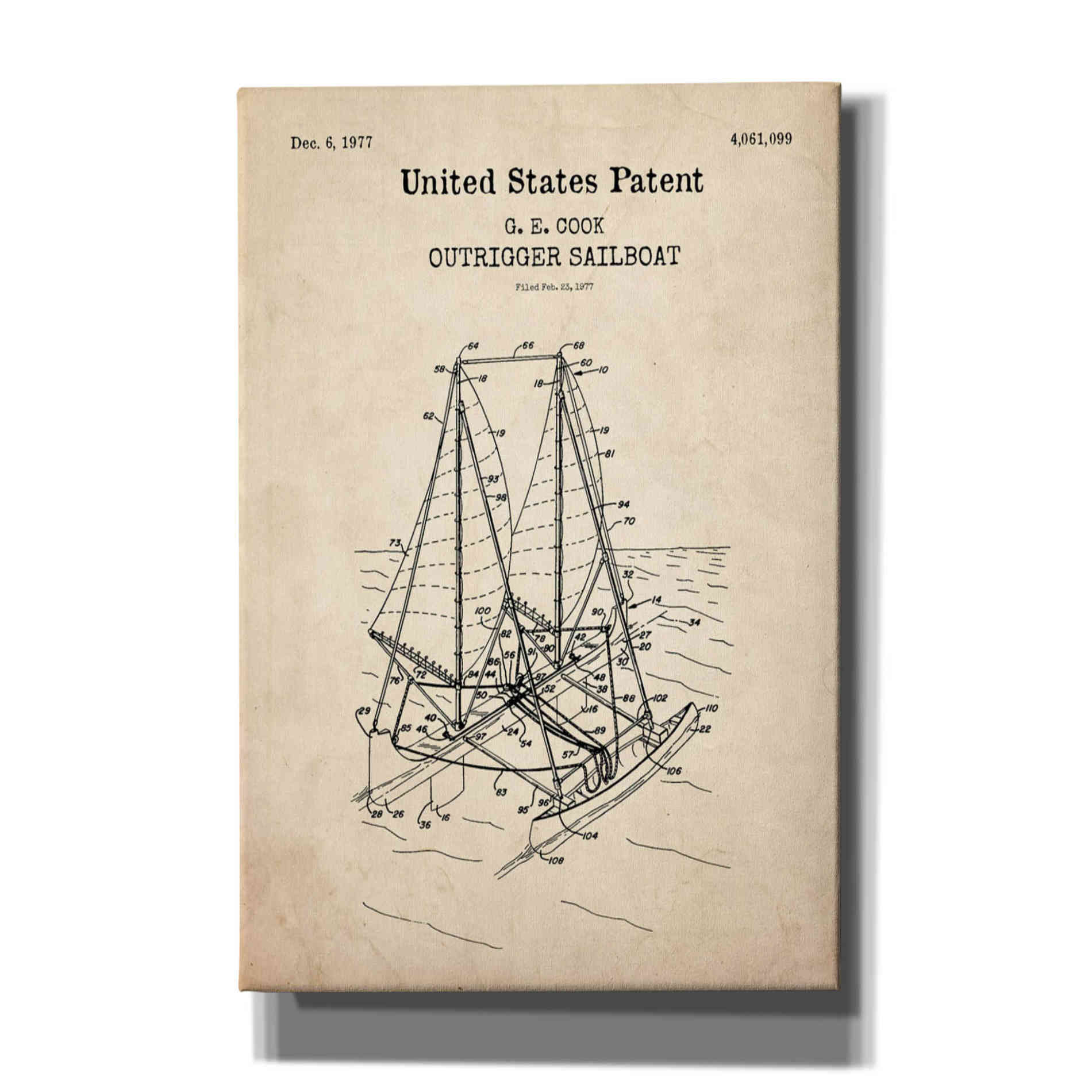 'Outrigger Sailboat Blueprint Patent Parchment,' Canvas Wall Art
