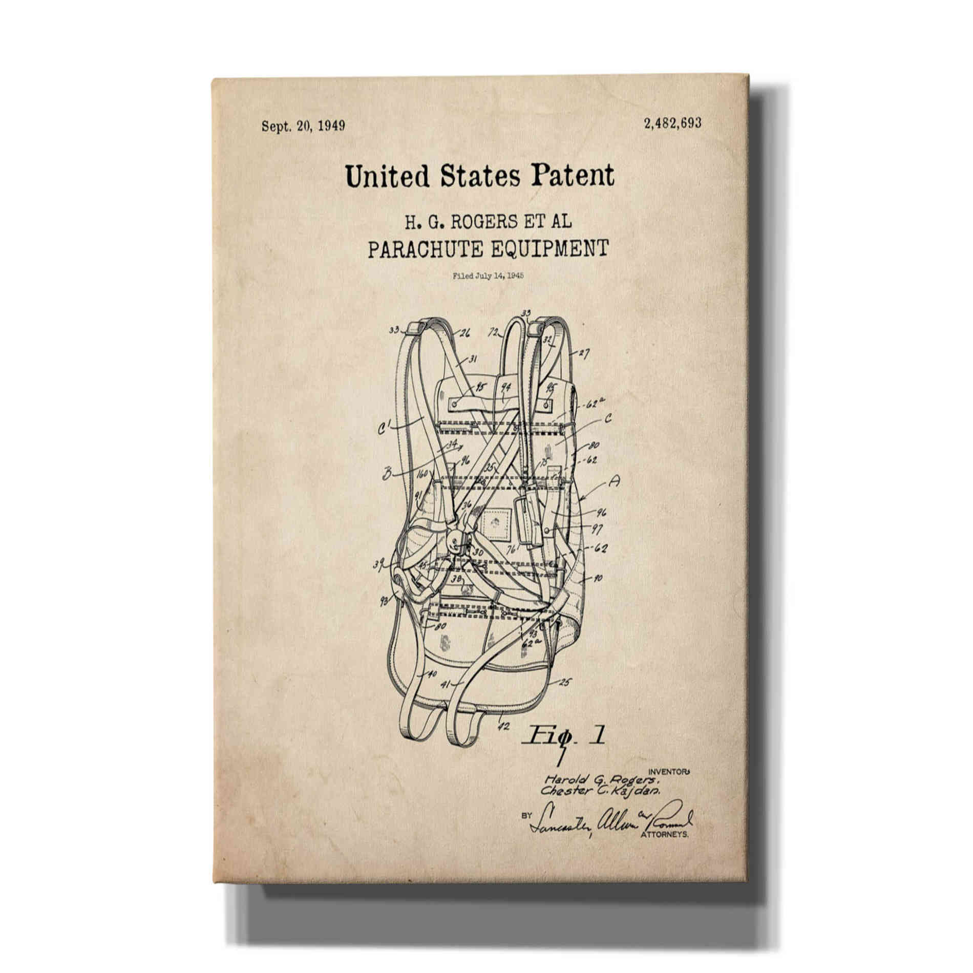 'Parachute Blueprint Patent Parchment,' Canvas Wall Art
