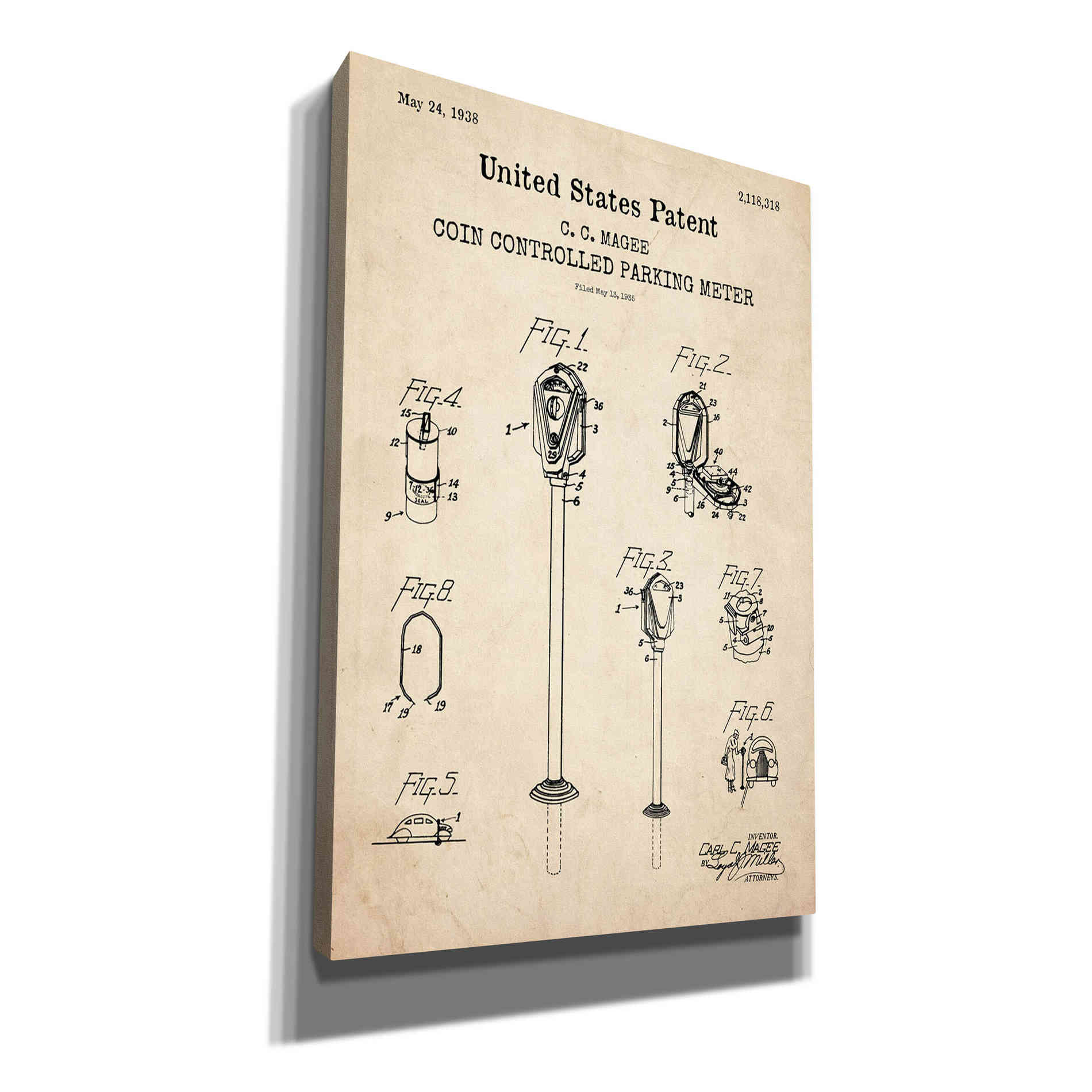 'Parking Meter Blueprint Patent Parchment,' Canvas Wall Art