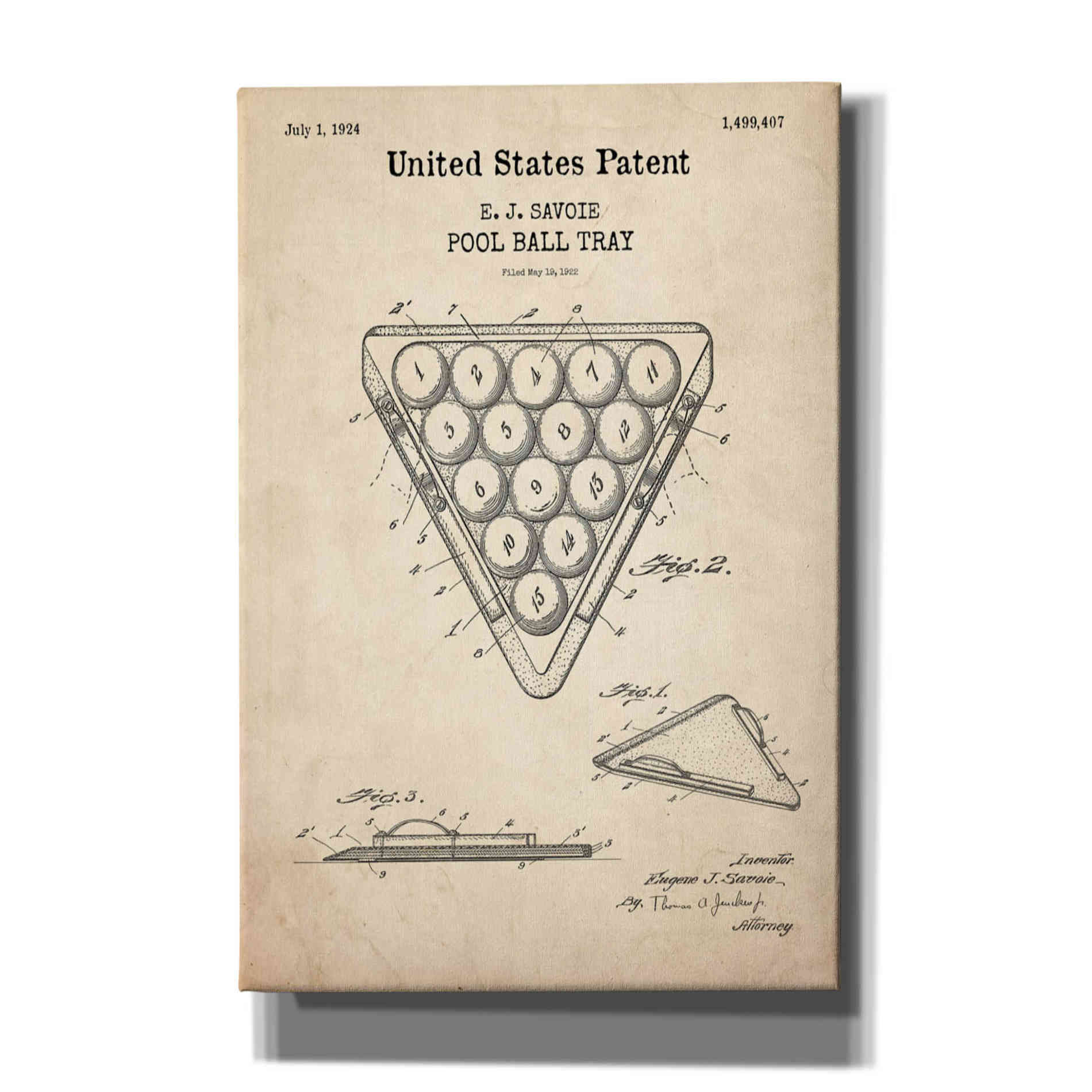 'Pool Ball Tray Blueprint Patent Parchment,' Canvas Wall Art