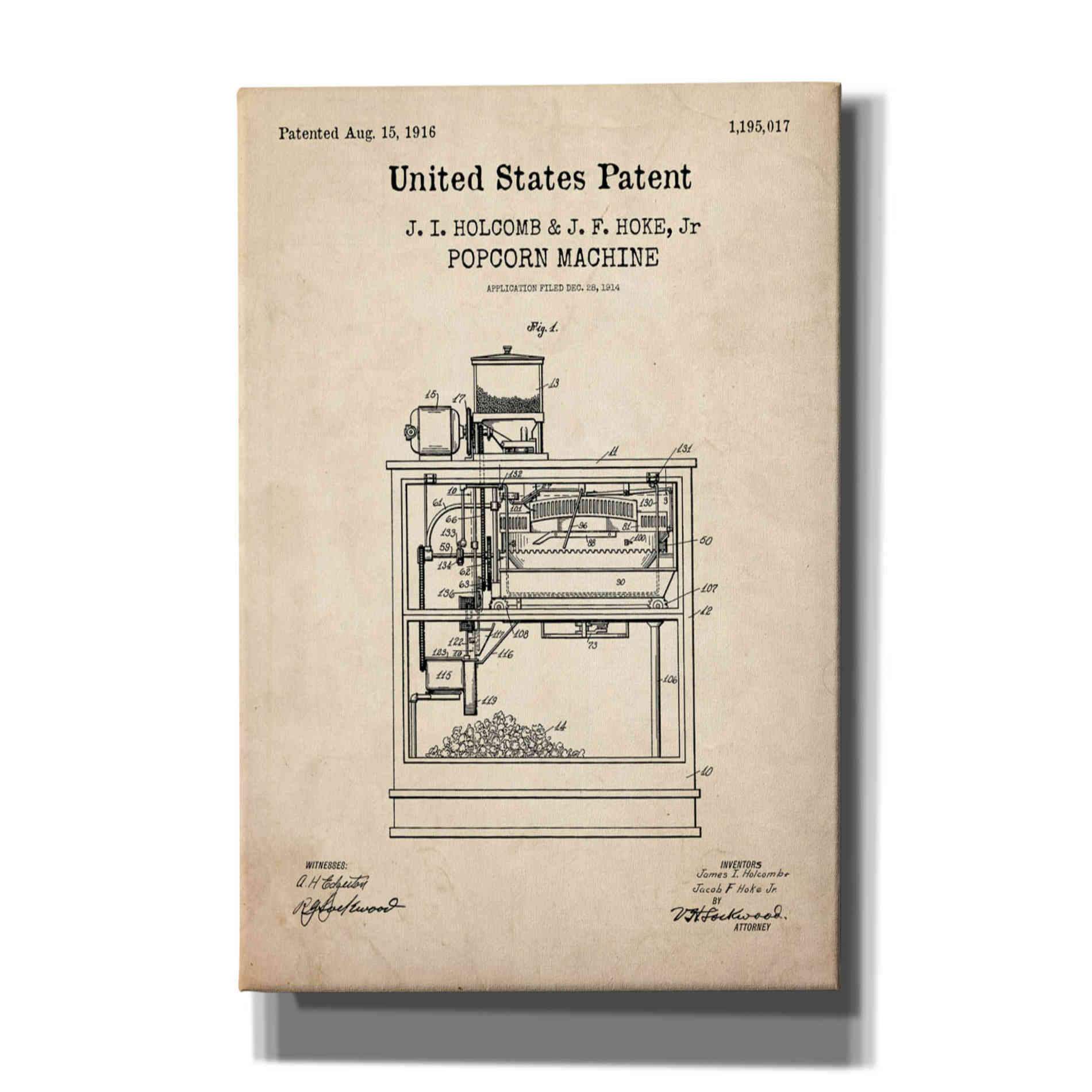 'Popcorn Machine Blueprint Patent Parchment,' Canvas Wall Art