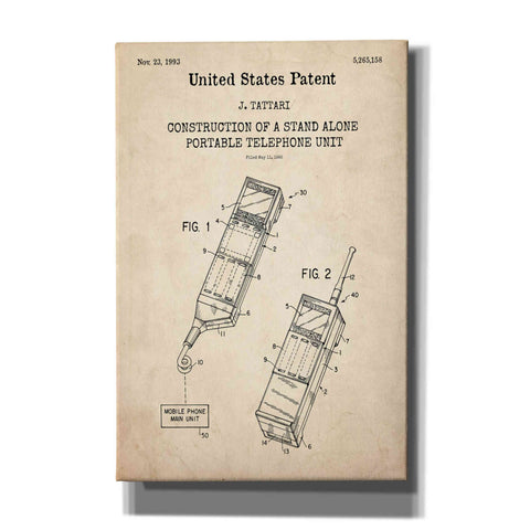 Image of 'Portable Phone Unit Blueprint Patent Parchment,' Canvas Wall Art