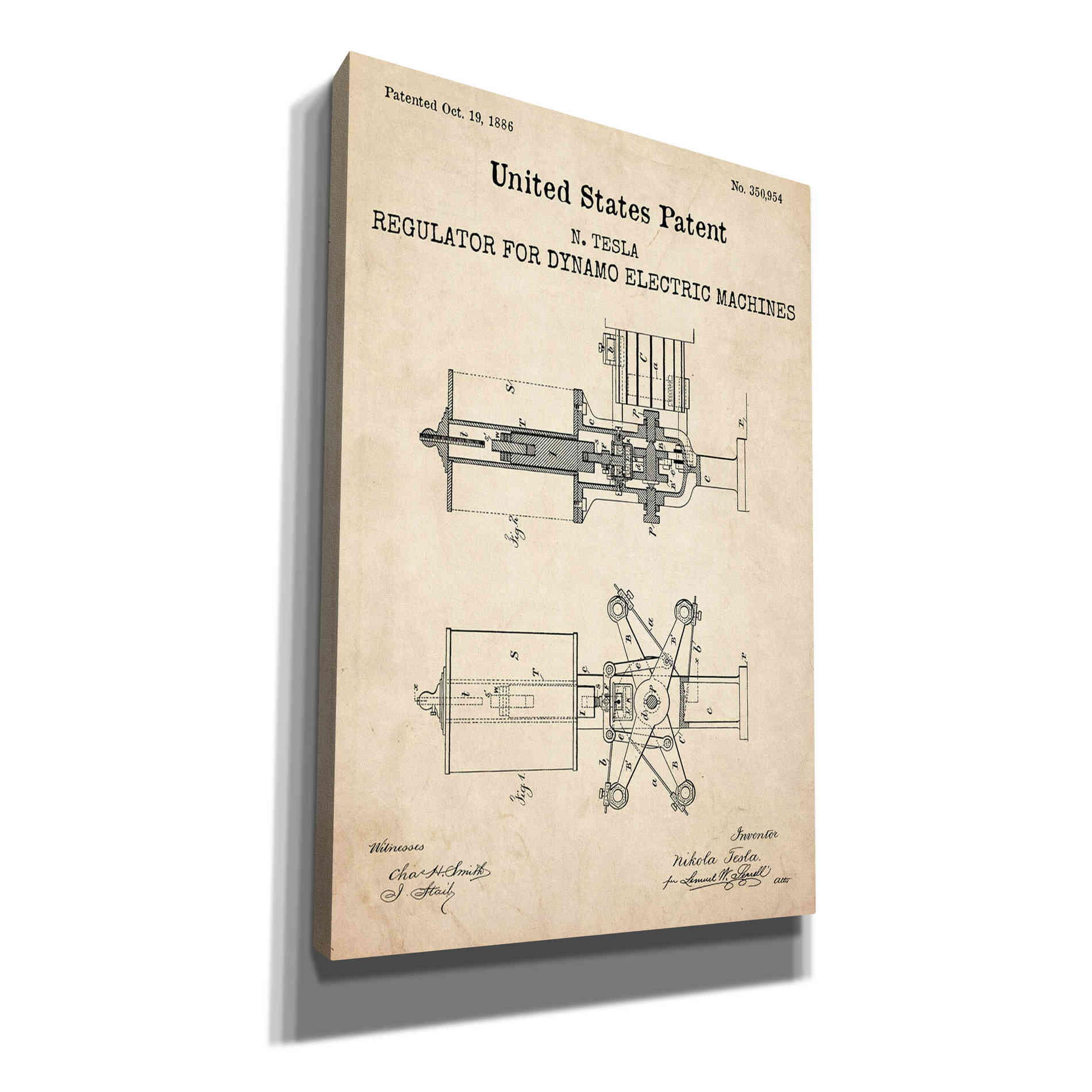 'Tesla's Regulator for Electric Machines Blueprint Patent Parchment,' Canvas Wall Art