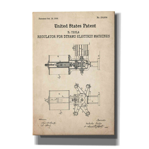 Image of 'Tesla's Regulator for Electric Machines Blueprint Patent Parchment,' Canvas Wall Art