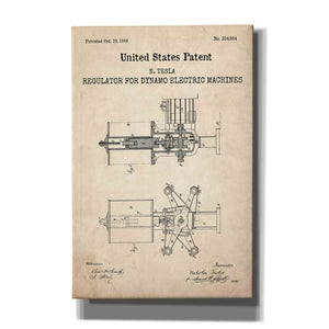 'Tesla's Regulator for Electric Machines Blueprint Patent Parchment,' Canvas Wall Art