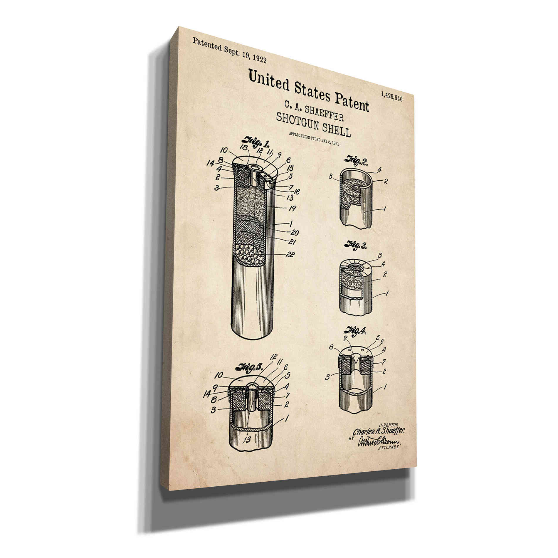 'Shotgun Shell Blueprint Patent Parchment,' Canvas Wall Art