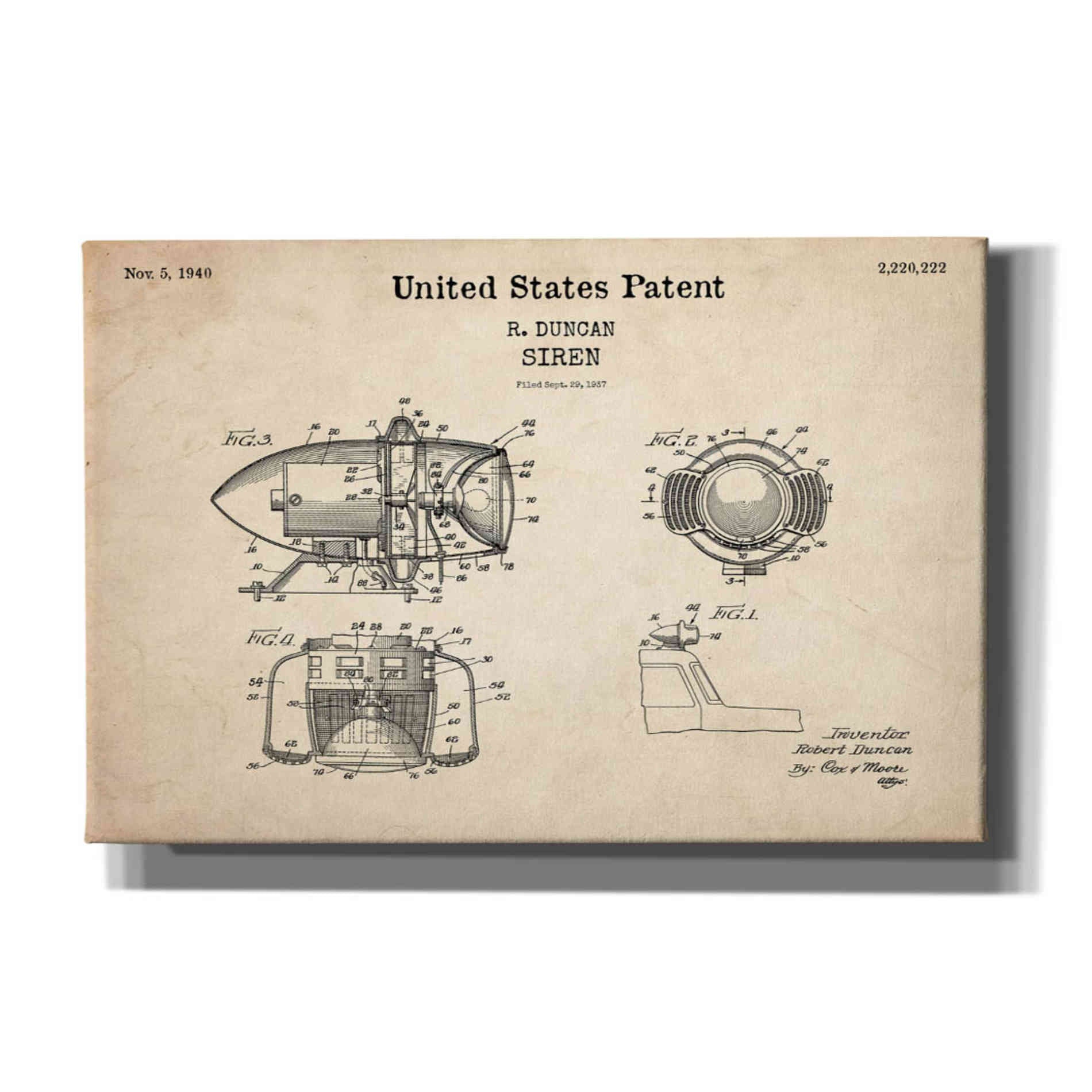'Siren Blueprint Patent Parchment,' Canvas Wall Art